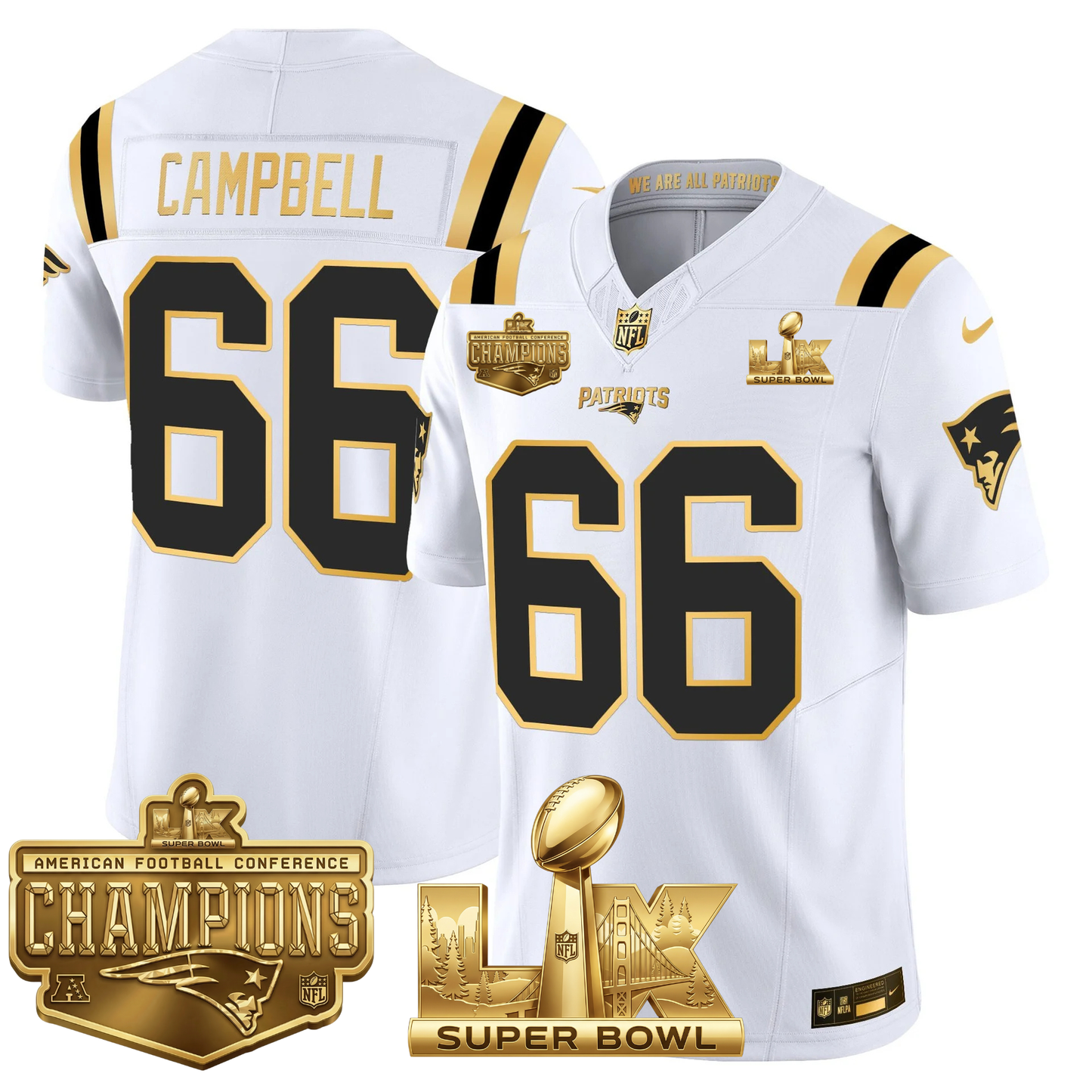 NE AFC Champs & S.B LX Patch Limited Gold Jersey - All Stitched