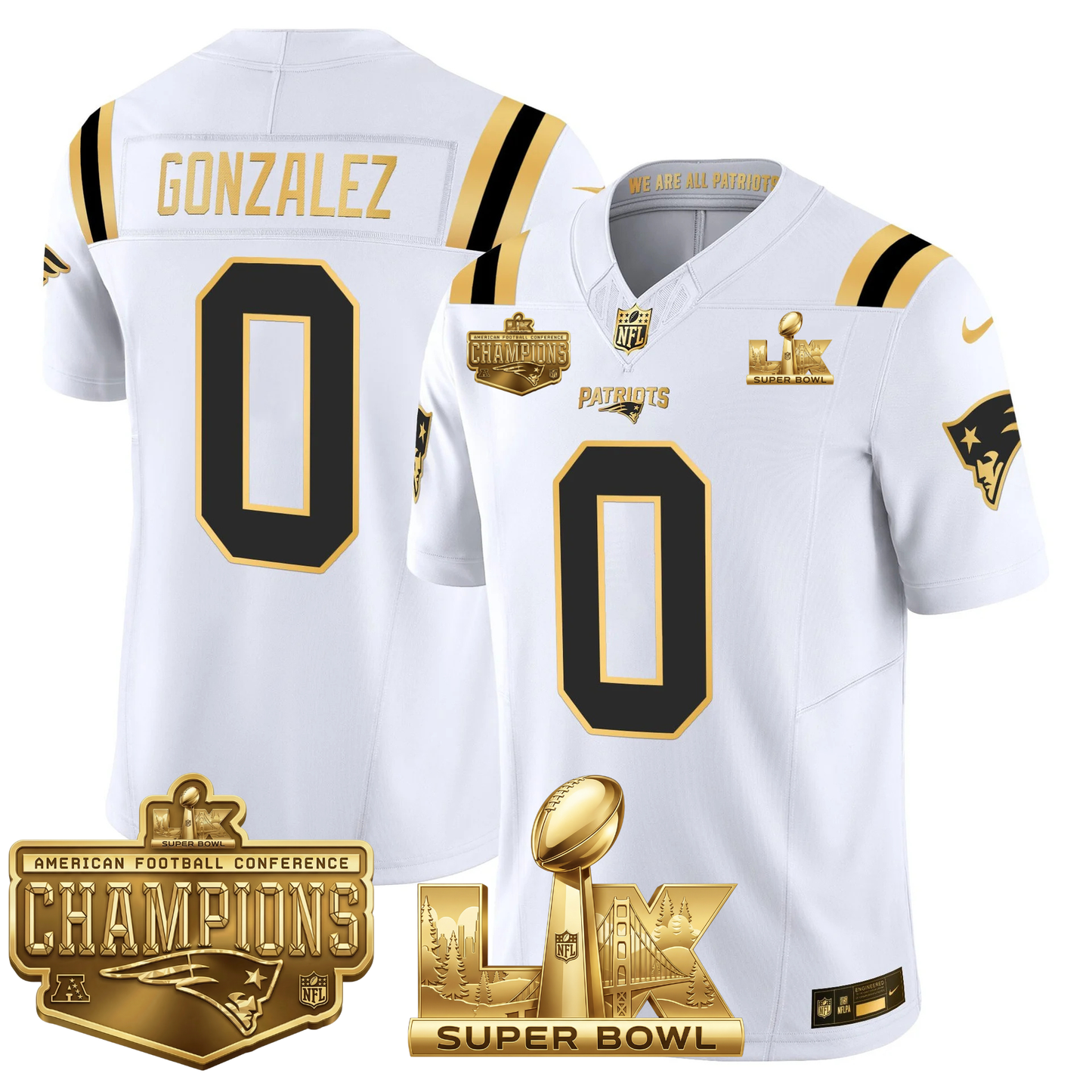 NE AFC Champs & S.B LX Patch Limited Gold Jersey - All Stitched