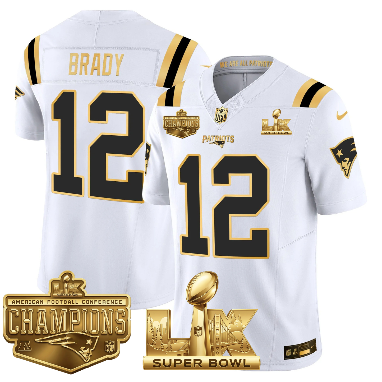 NE AFC Champs & S.B LX Patch Limited Gold Jersey - All Stitched