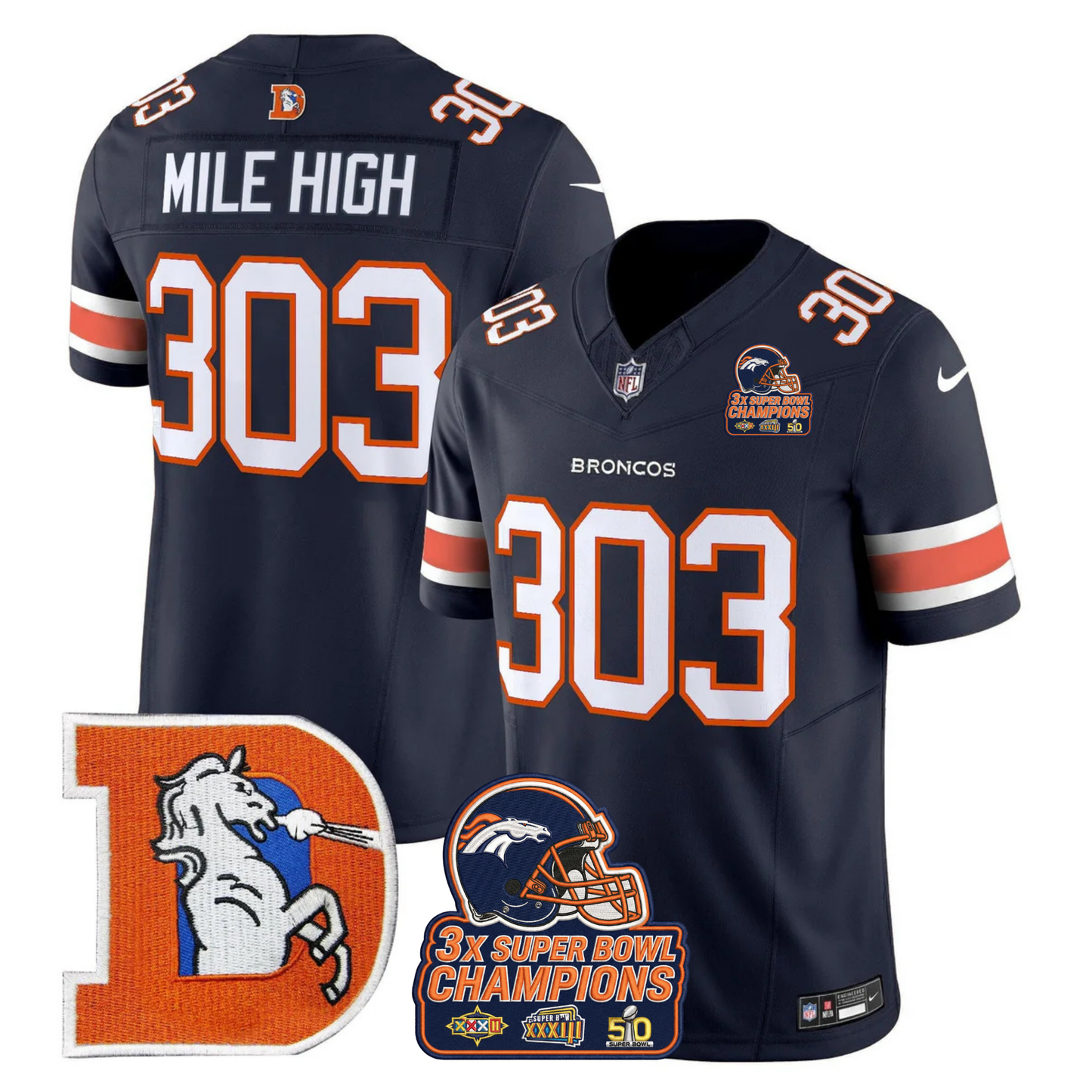 DEN Throwback 3-Times Champions Patch Vapor Limited Jersey V3 - All Stitched