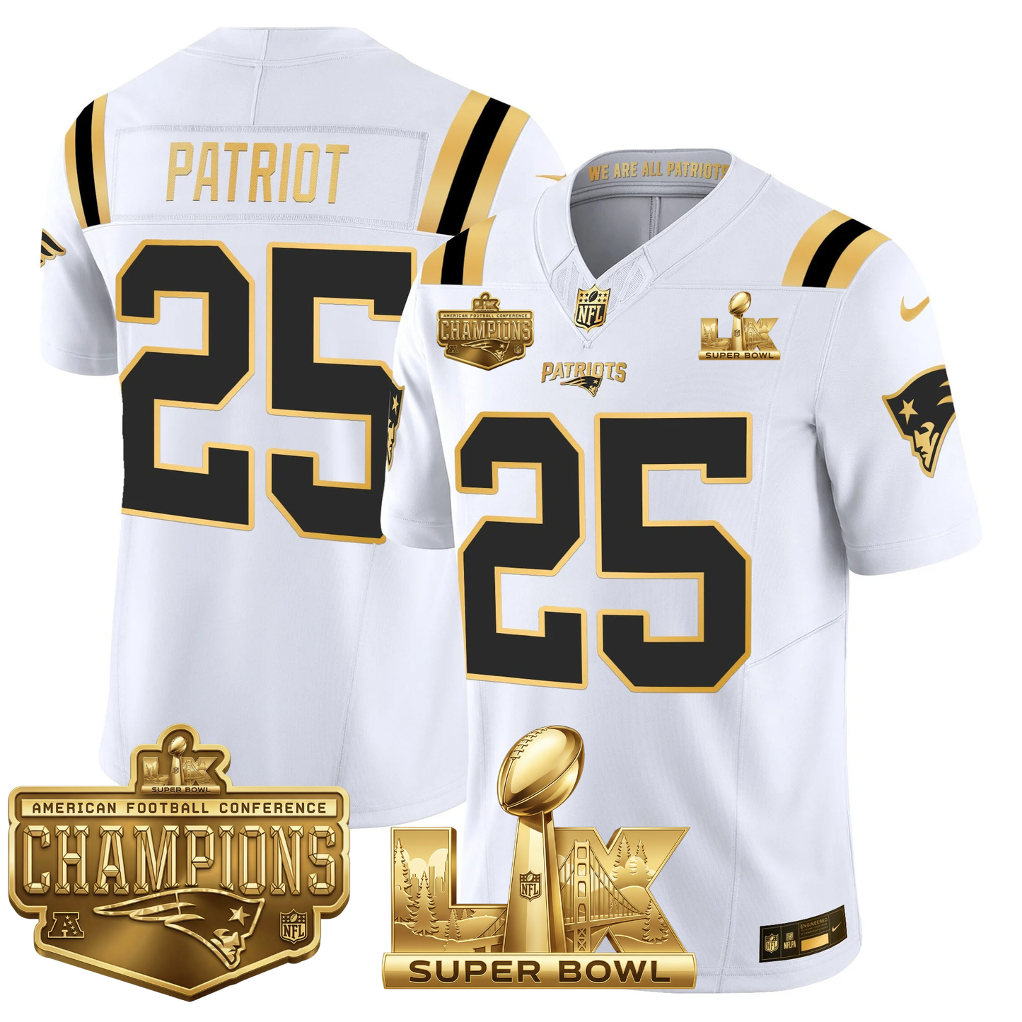 NE AFC Champs & S.B LX Patch Limited Gold Jersey - All Stitched