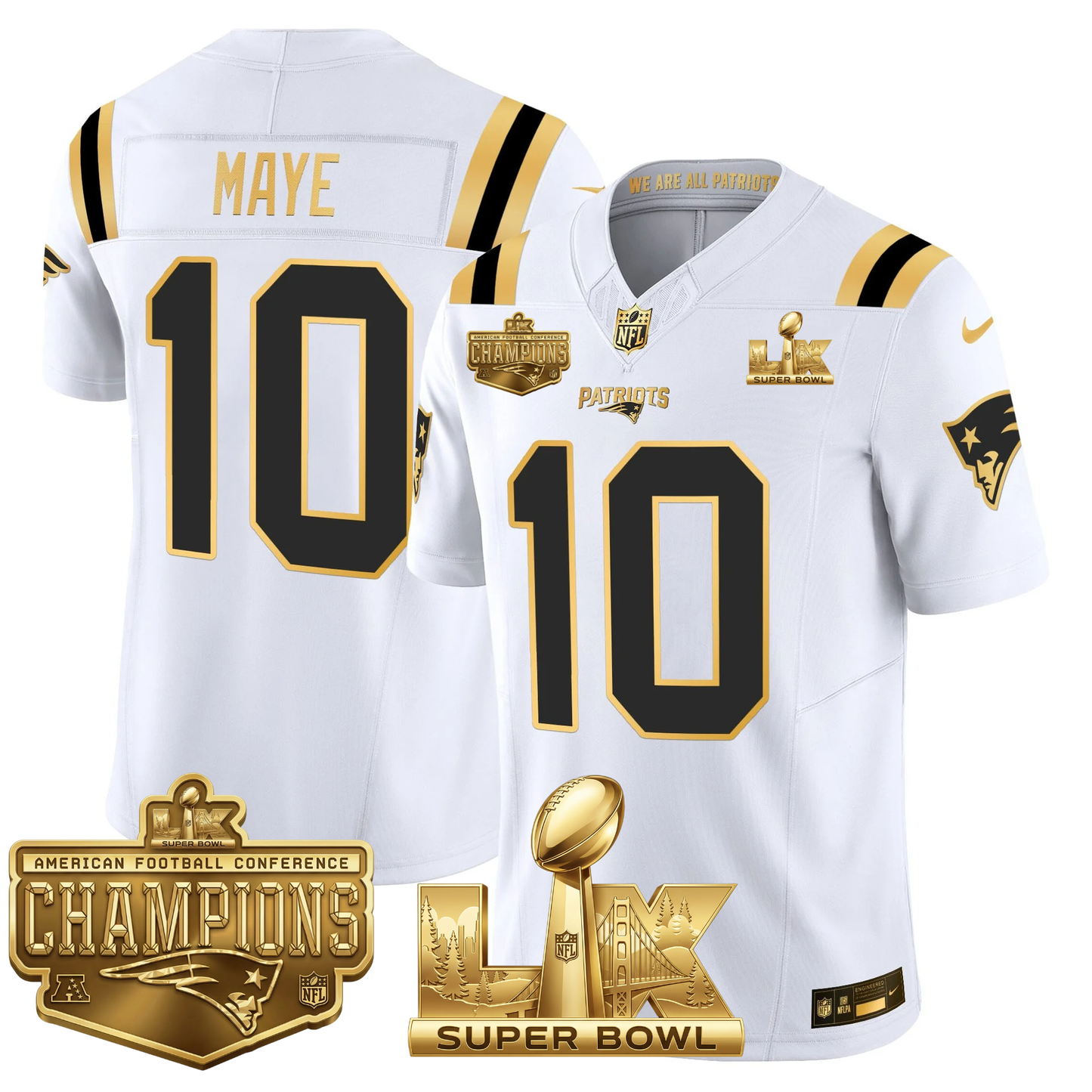 NE AFC Champs & S.B LX Patch Limited Gold Jersey - All Stitched