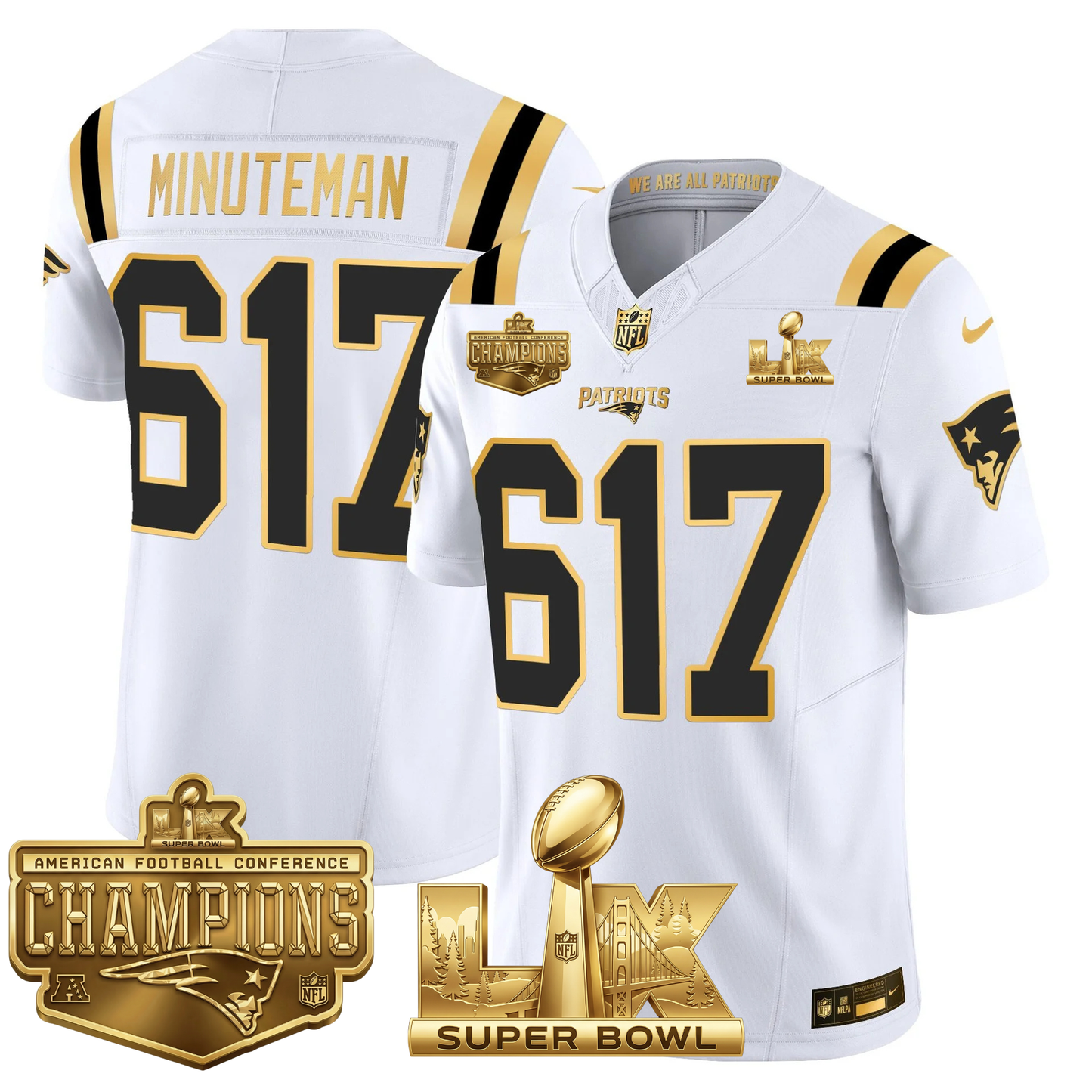 NE AFC Champs & S.B LX Patch Limited Gold Jersey - All Stitched