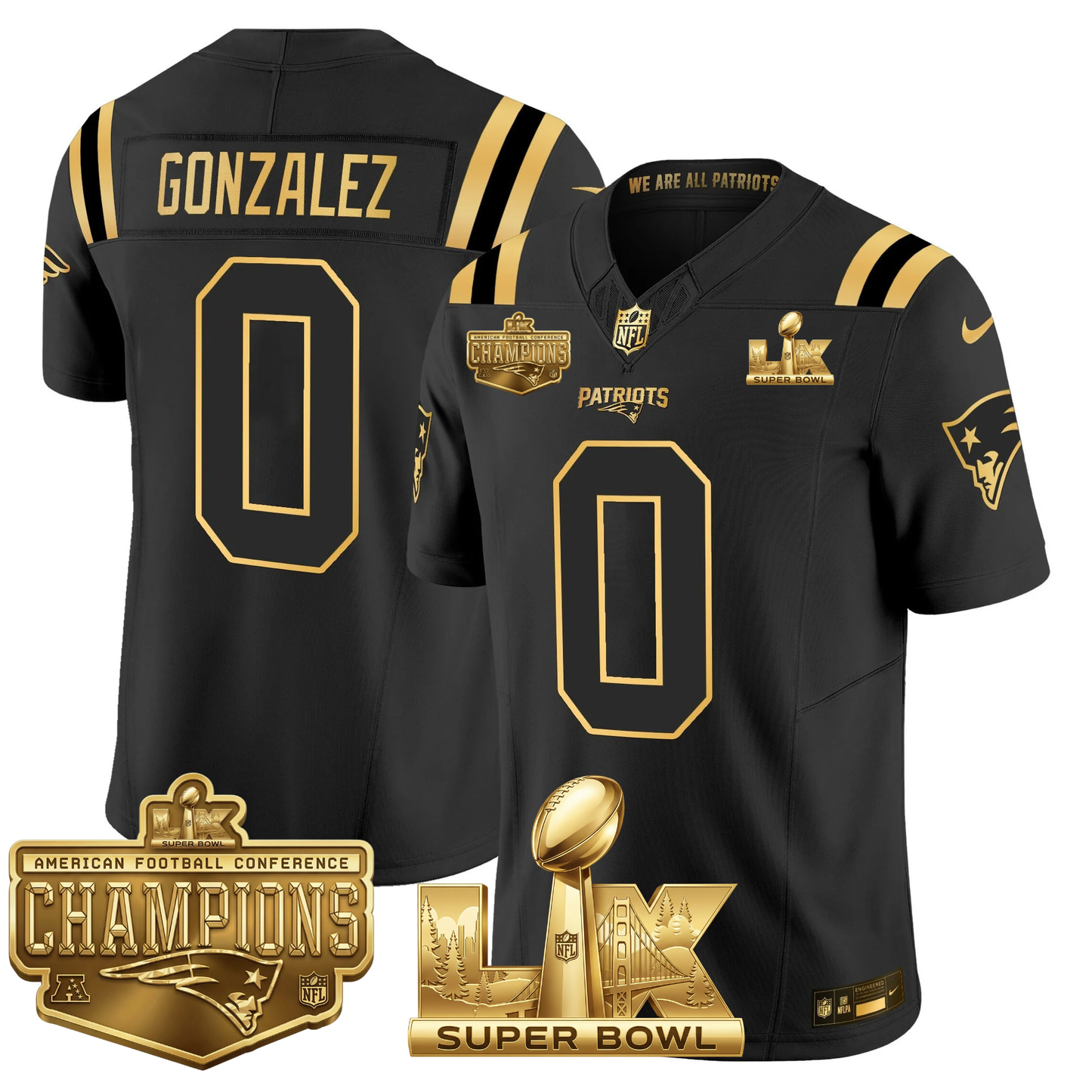 NE AFC Champs & S.B LX Patch Limited Gold Jersey - All Stitched