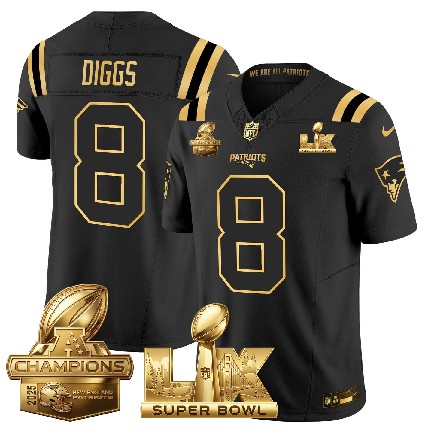NE 2025 AFC Champions Vapor Limited Gold Jersey V2 - All Stitched