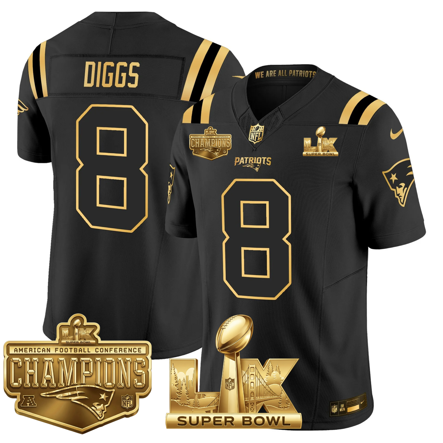 NE AFC Champs & S.B LX Patch Limited Gold Jersey - All Stitched