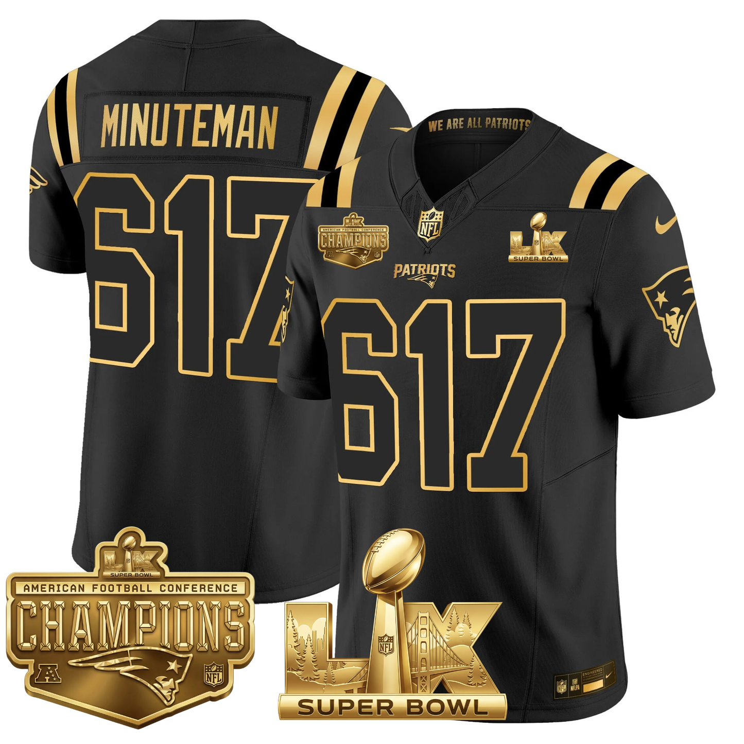 NE AFC Champs & S.B LX Patch Limited Gold Jersey - All Stitched
