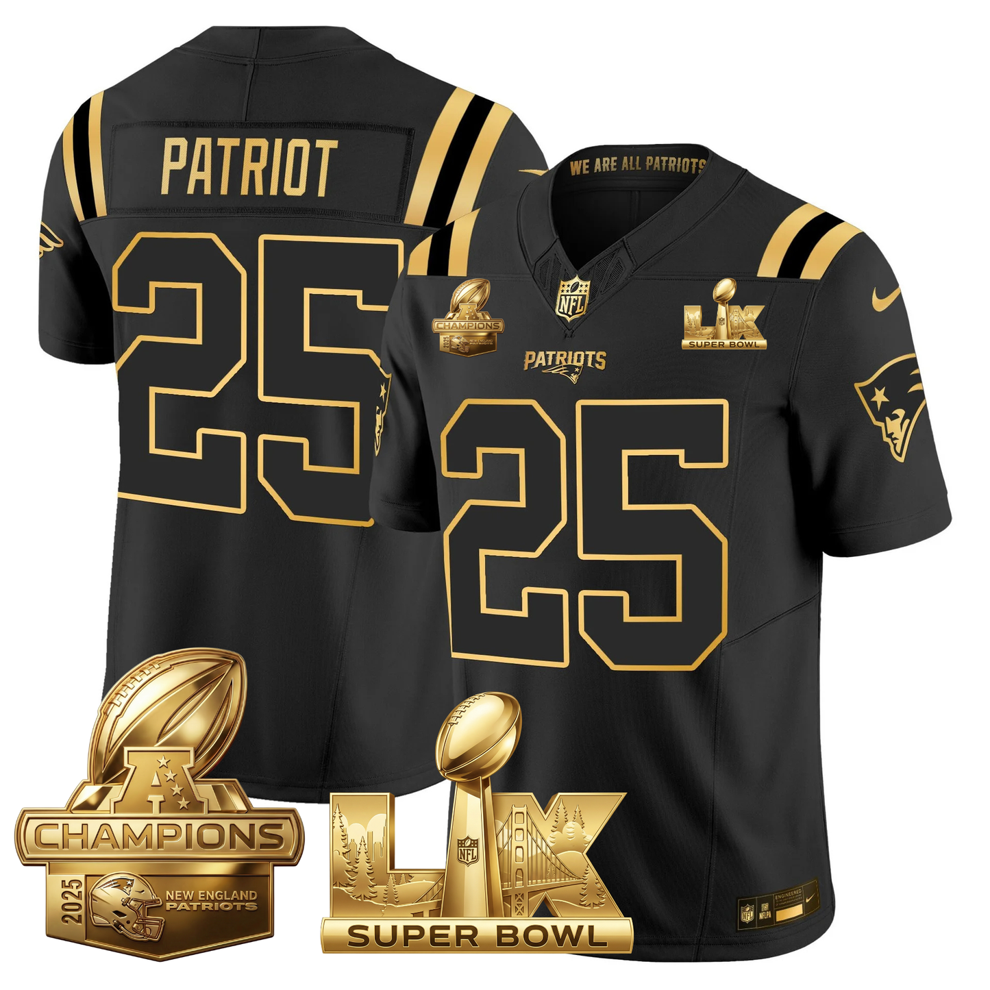 NE 2025 AFC Champions Vapor Limited Gold Jersey V2 - All Stitched