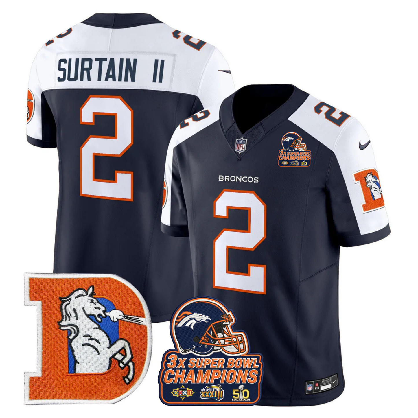 DEN Throwback 3-Times Champions Patch Vapor Limited Jersey V3 - All Stitched