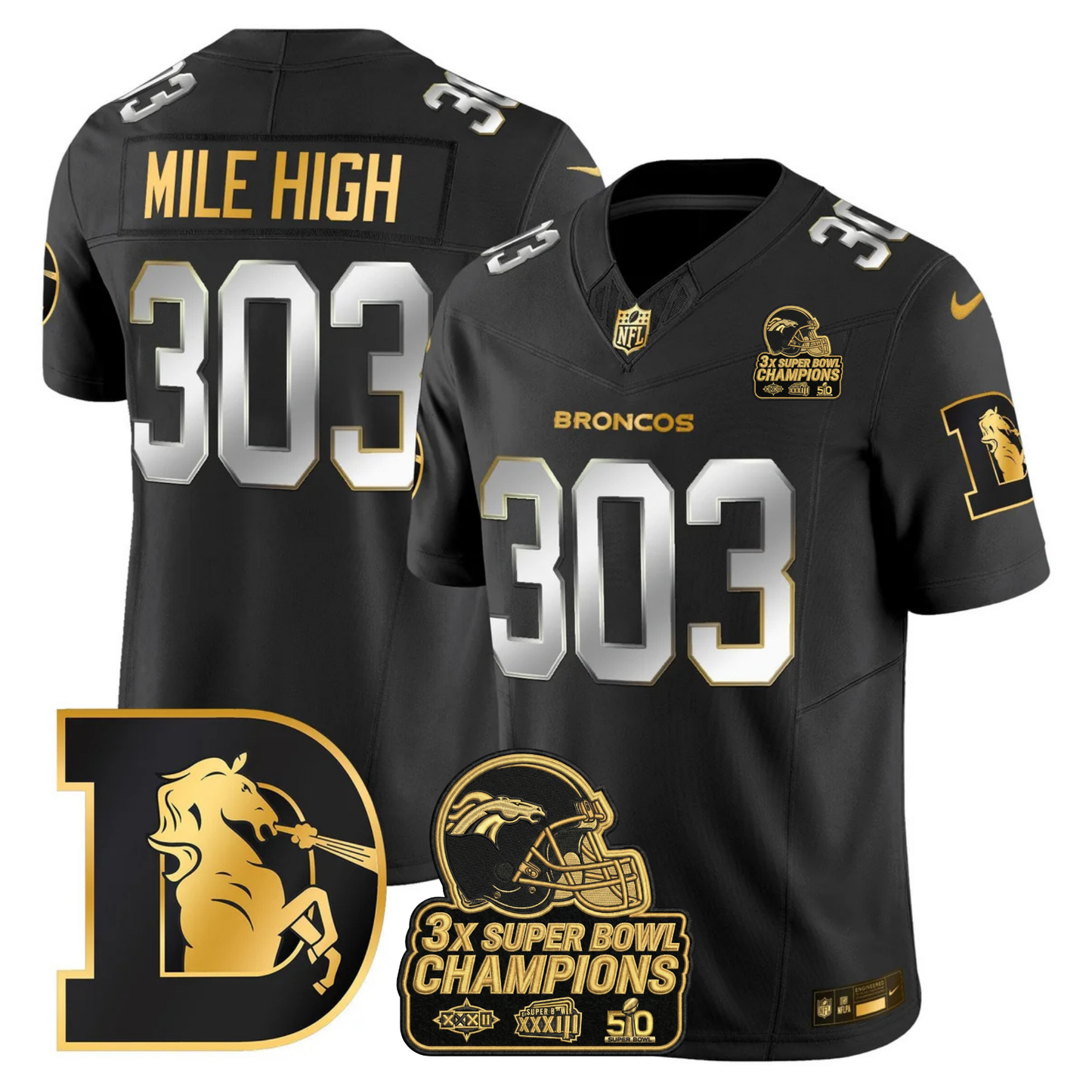 DEN Throwback 3-Times Champions Patch Vapor Limited Jersey V3 - All Stitched