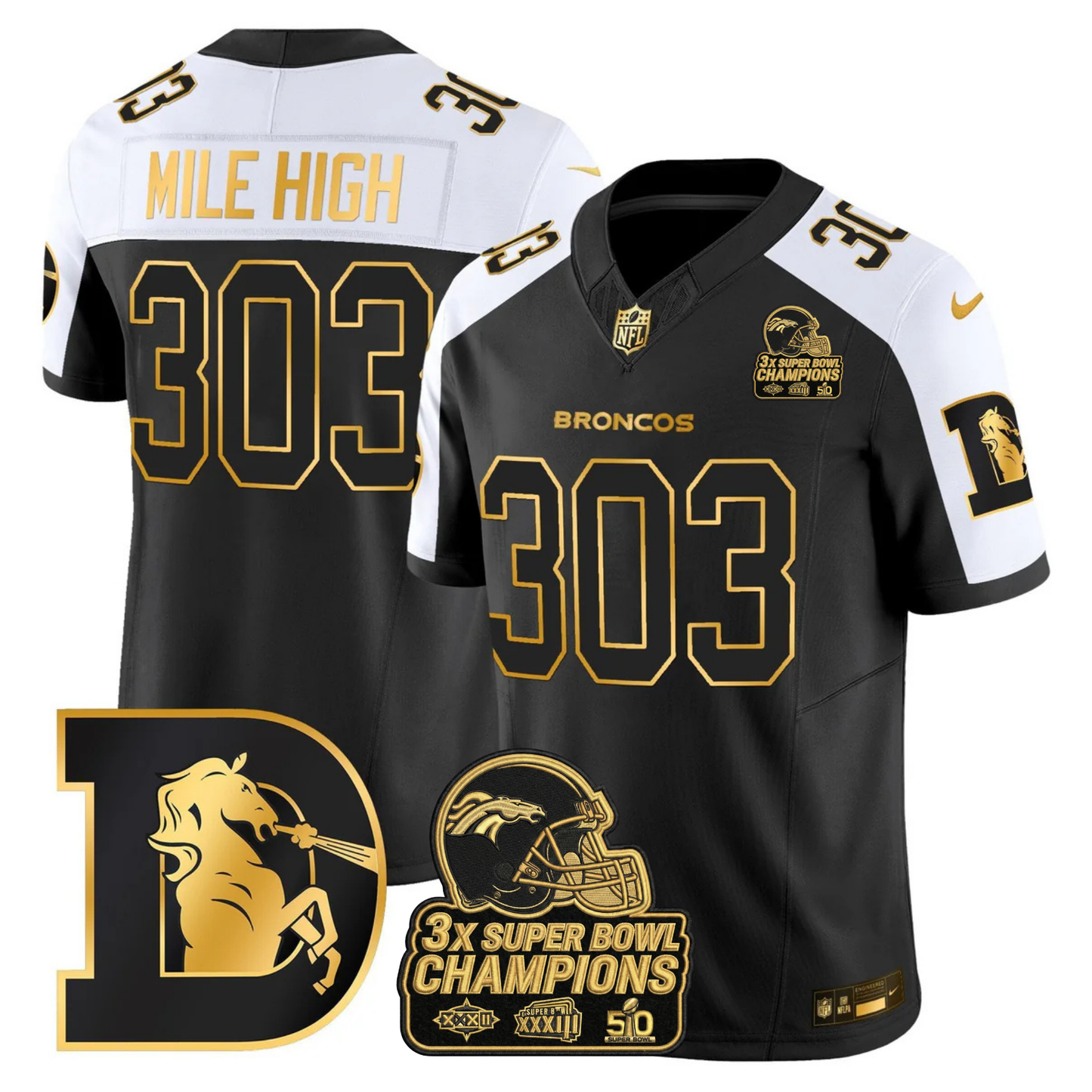 DEN Throwback 3-Times Champions Patch Vapor Limited Jersey V3 - All Stitched
