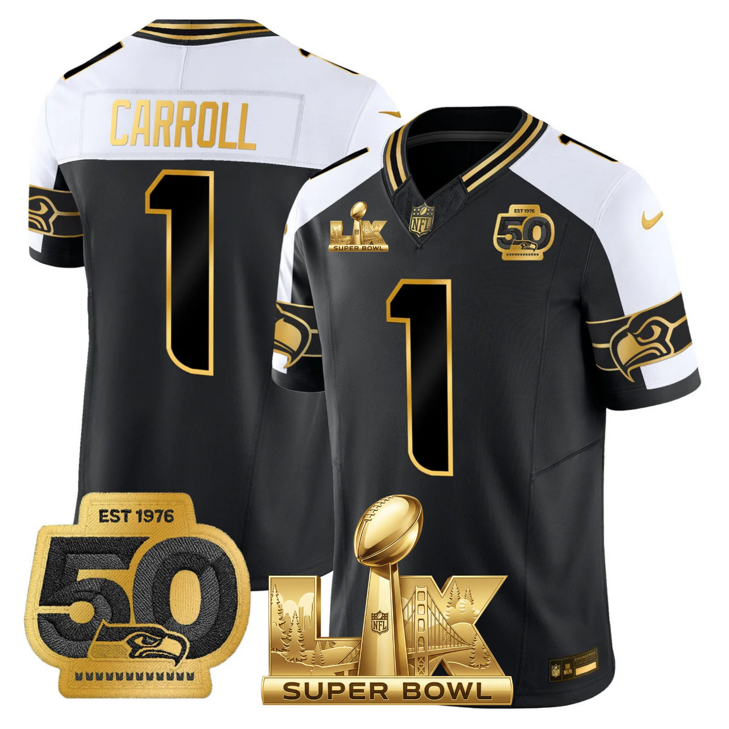 SEA SB LX Game Patch Gold Jersey - All Stitched