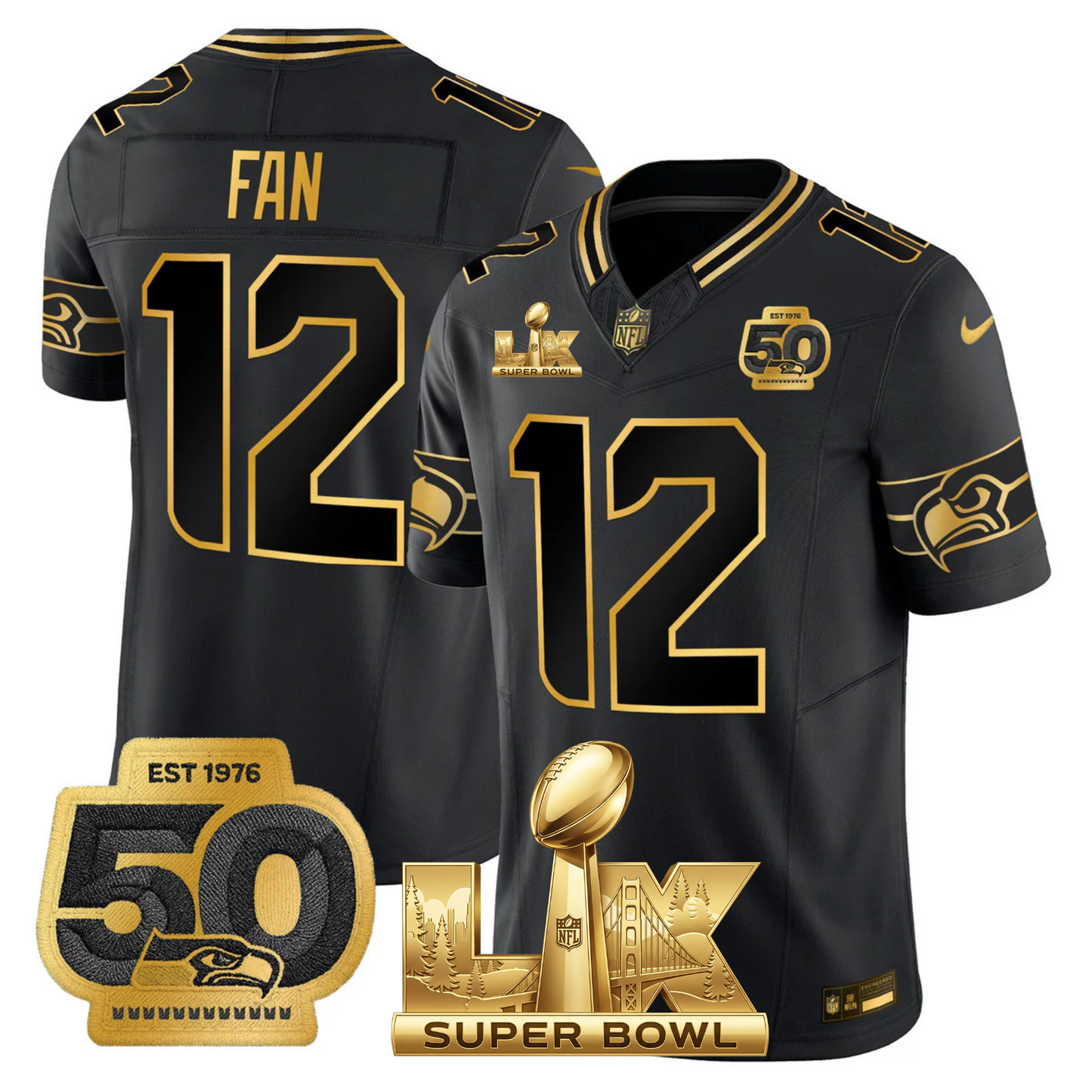 SEA SB LX Game Patch Gold Jersey - All Stitched