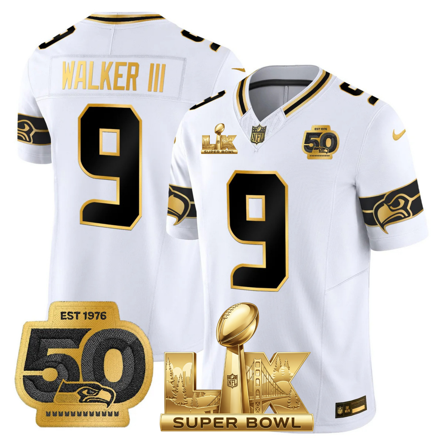 SEA SB LX Game Patch Gold Jersey - All Stitched