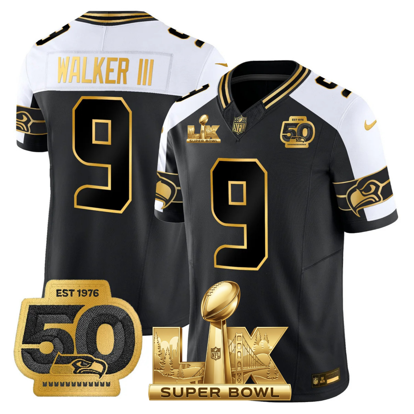 SEA SB LX Game Patch Gold Jersey - All Stitched
