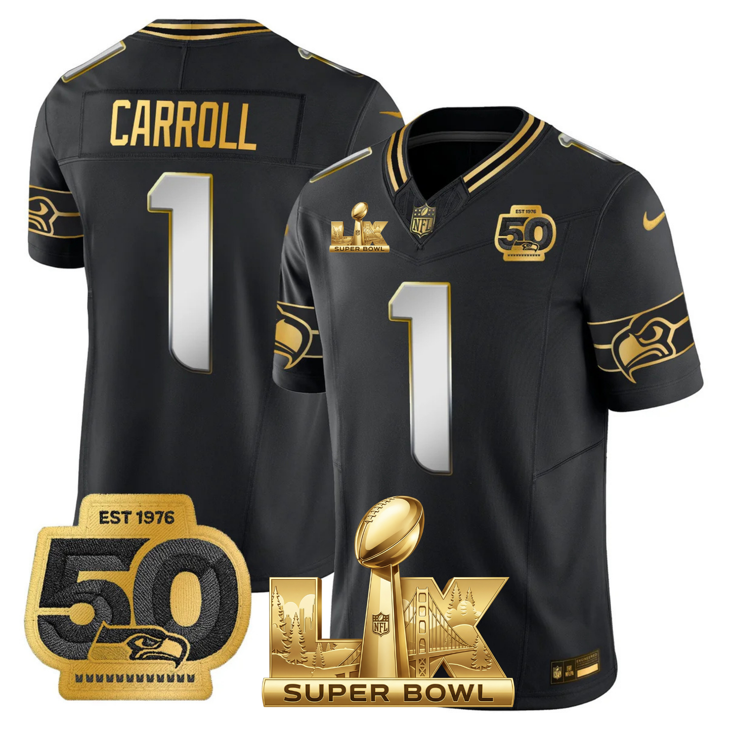 SEA SB LX Game Patch Gold Jersey - All Stitched