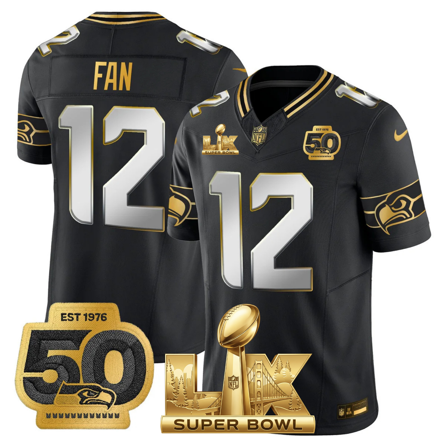 SEA SB LX Game Patch Gold Jersey - All Stitched