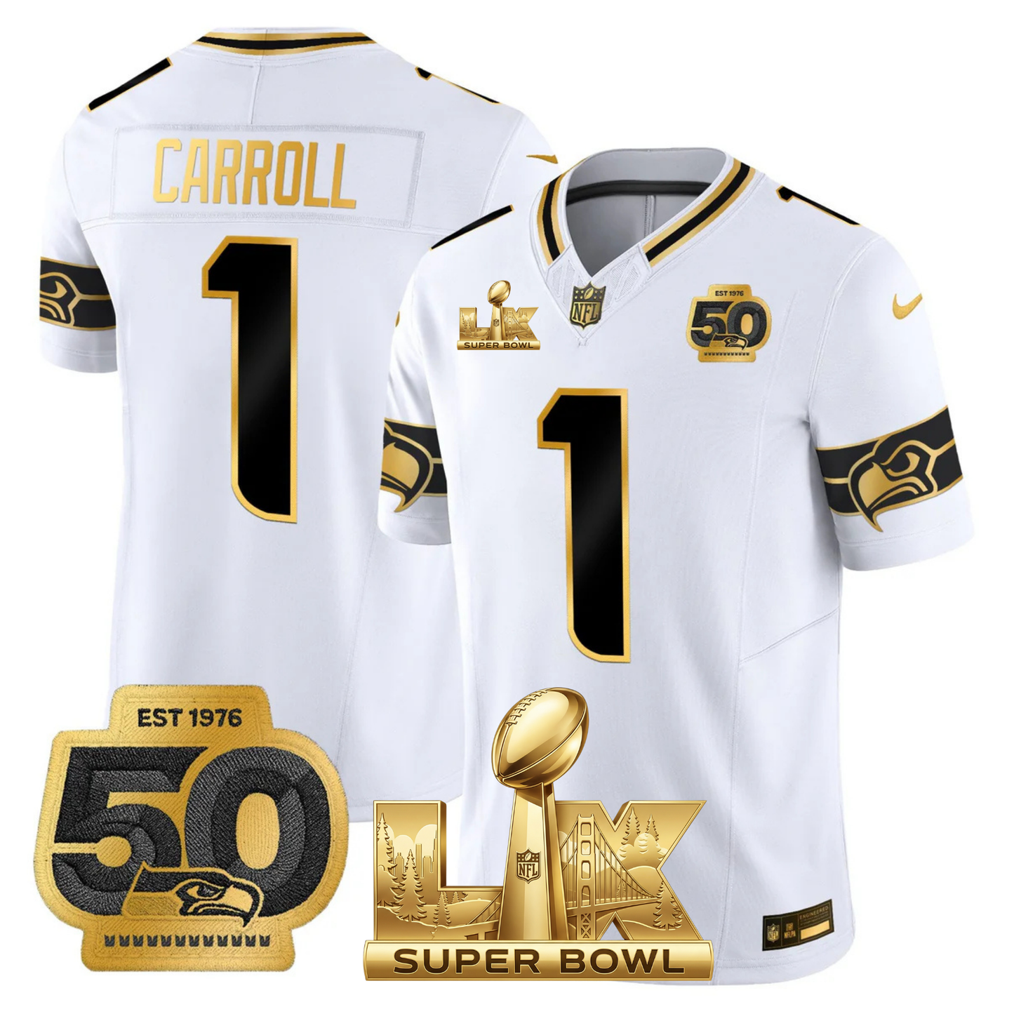 SEA SB LX Game Patch Gold Jersey - All Stitched