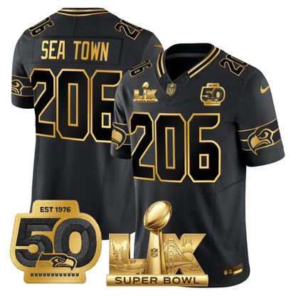 SEA SB LX Game Patch Gold Jersey - All Stitched