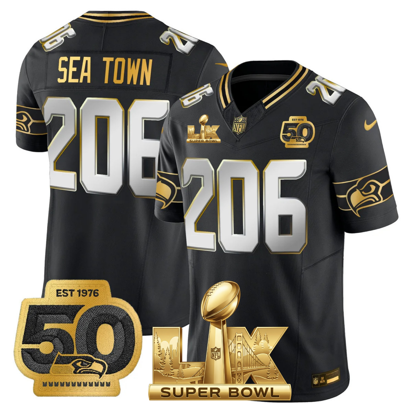 SEA SB LX Game Patch Gold Jersey - All Stitched
