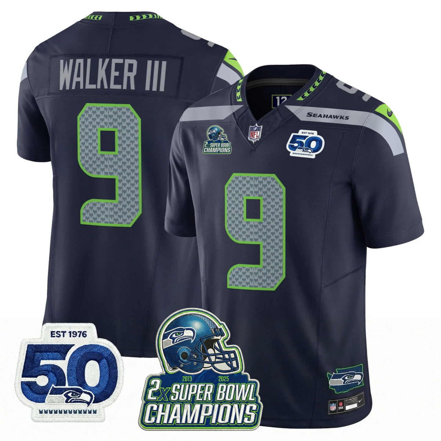SEA 2x S.Bowl Champions Patch Vapor Limited Jersey - All Stitched