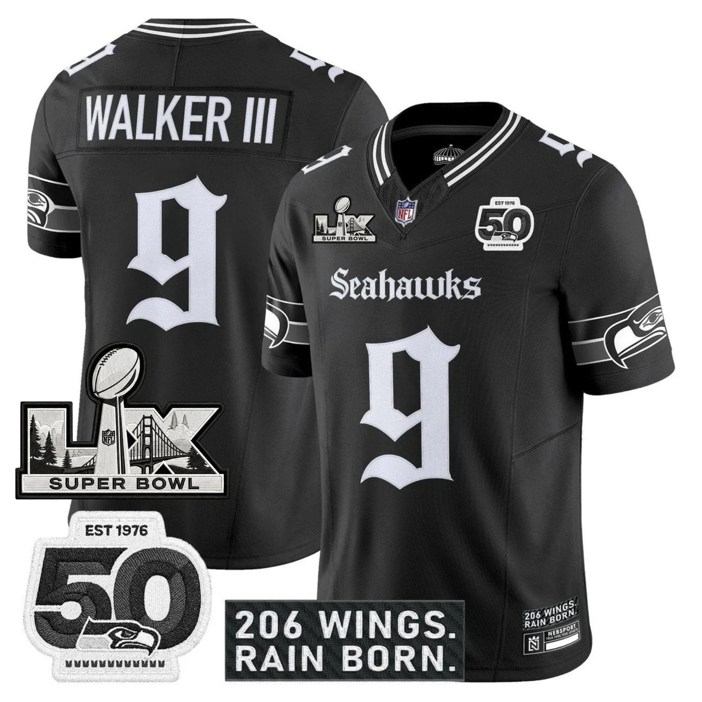 SEA 'Gothic Rain City Shadows Edition' Vapor Jersey - NFC Champions Patch - All Stitched