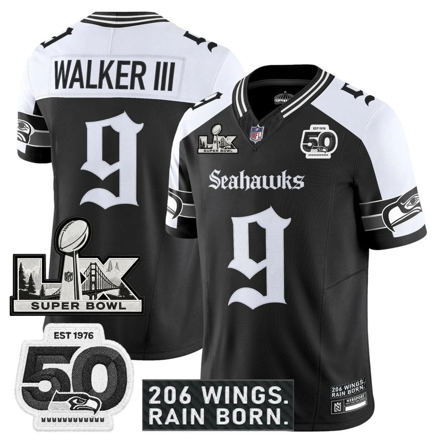 SEA 'Gothic Rain City Shadows Edition' Vapor Jersey - NFC Champions Patch - All Stitched