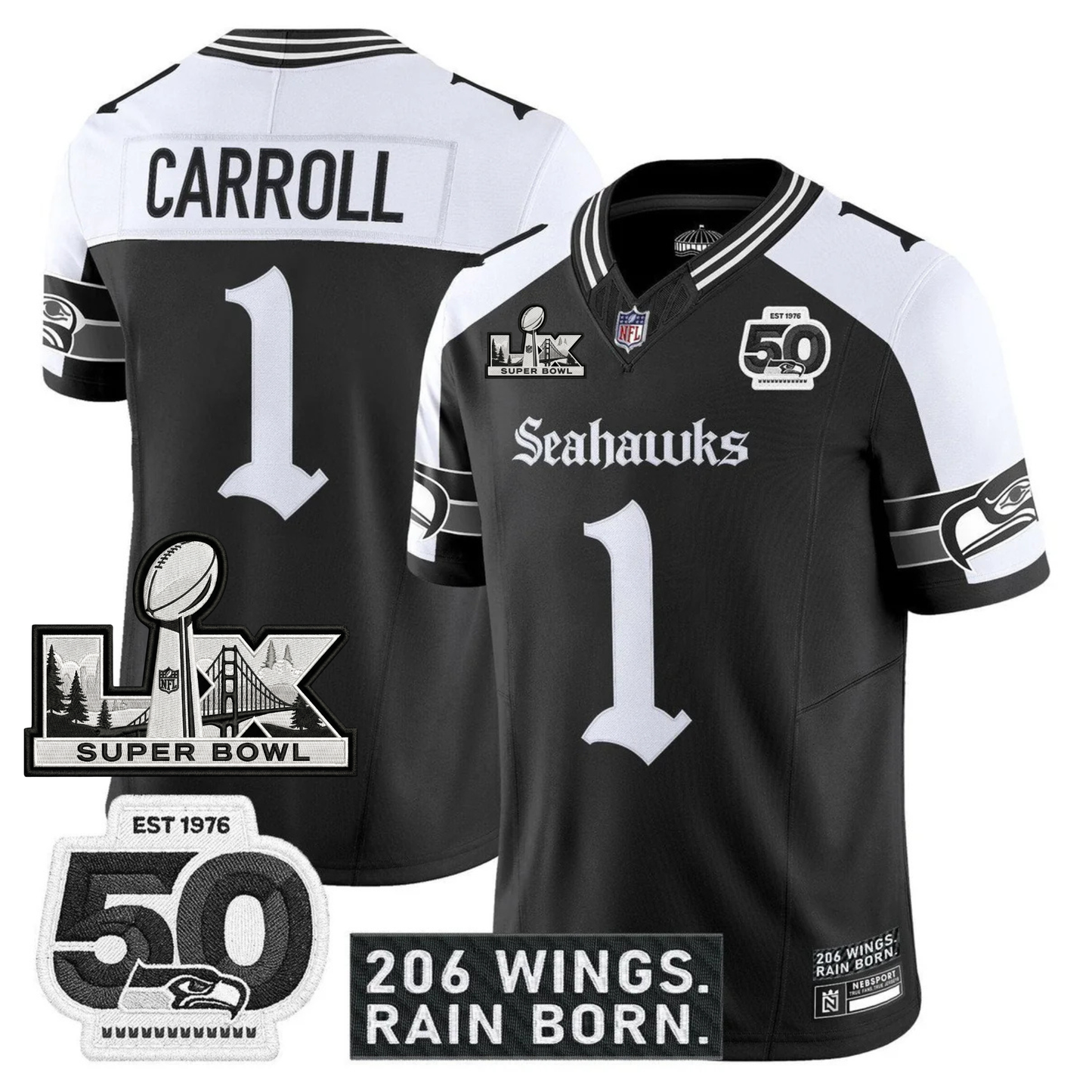 SEA 'Gothic Rain City Shadows Edition' Vapor Jersey - NFC Champions Patch - All Stitched