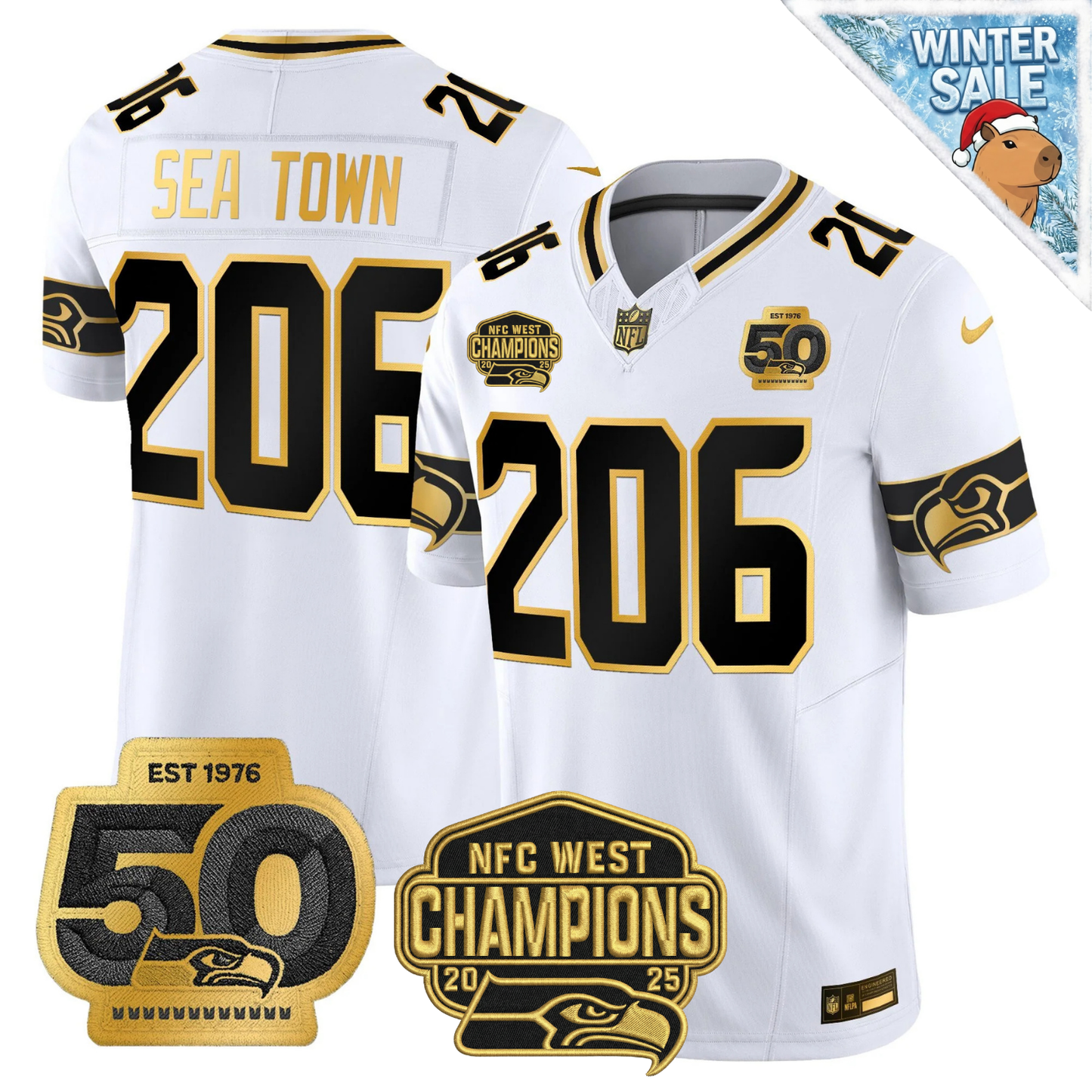 SEA 50th & NFC West Champions Patch Patch Gold Vapor Limited Jersey - Stitched