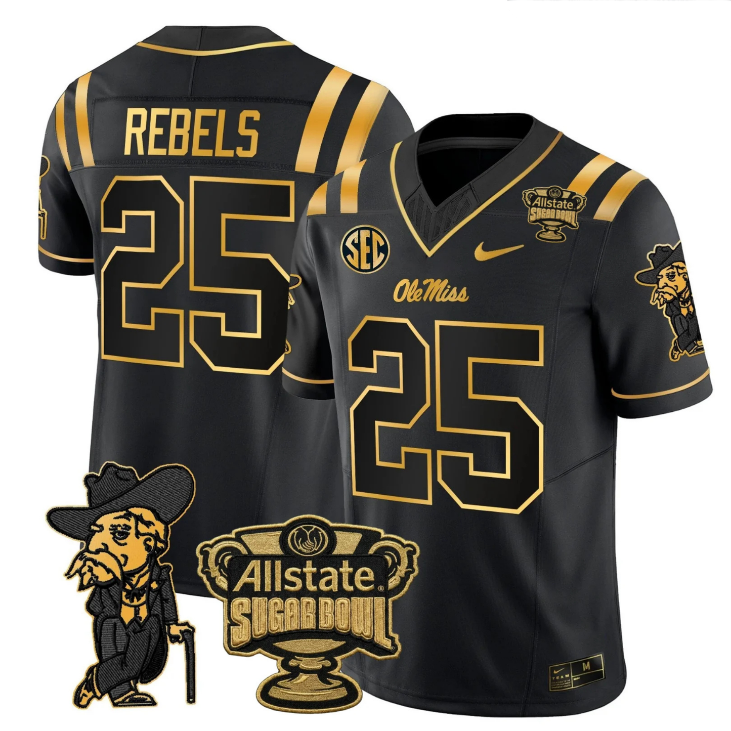 Ole Miss Rebels 2025 Gold Vapor Limited Jersey - Sugar Bowl Patch - All Stitched