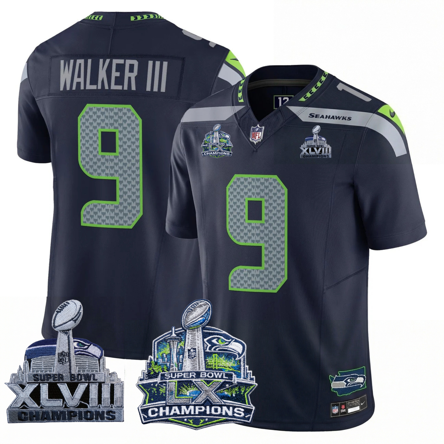 SEA 2x S.Bowl Champions Patch Vapor Limited Jersey - All Stitched