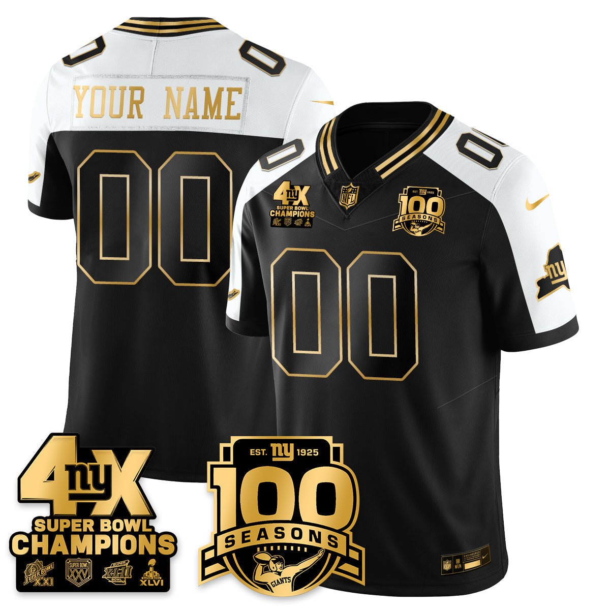 Custom NYG 4-Time Champions Limited Gold Jersey- 100th Season - All Stitched