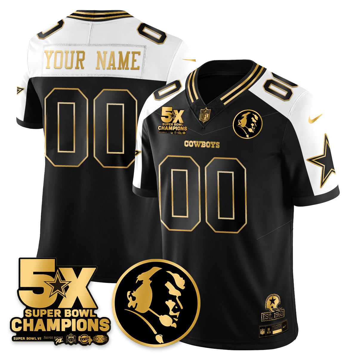 DAL 5-Time Champions Vapor Limited Gold Custom Jersey - John Madden Patch - All Stitched
