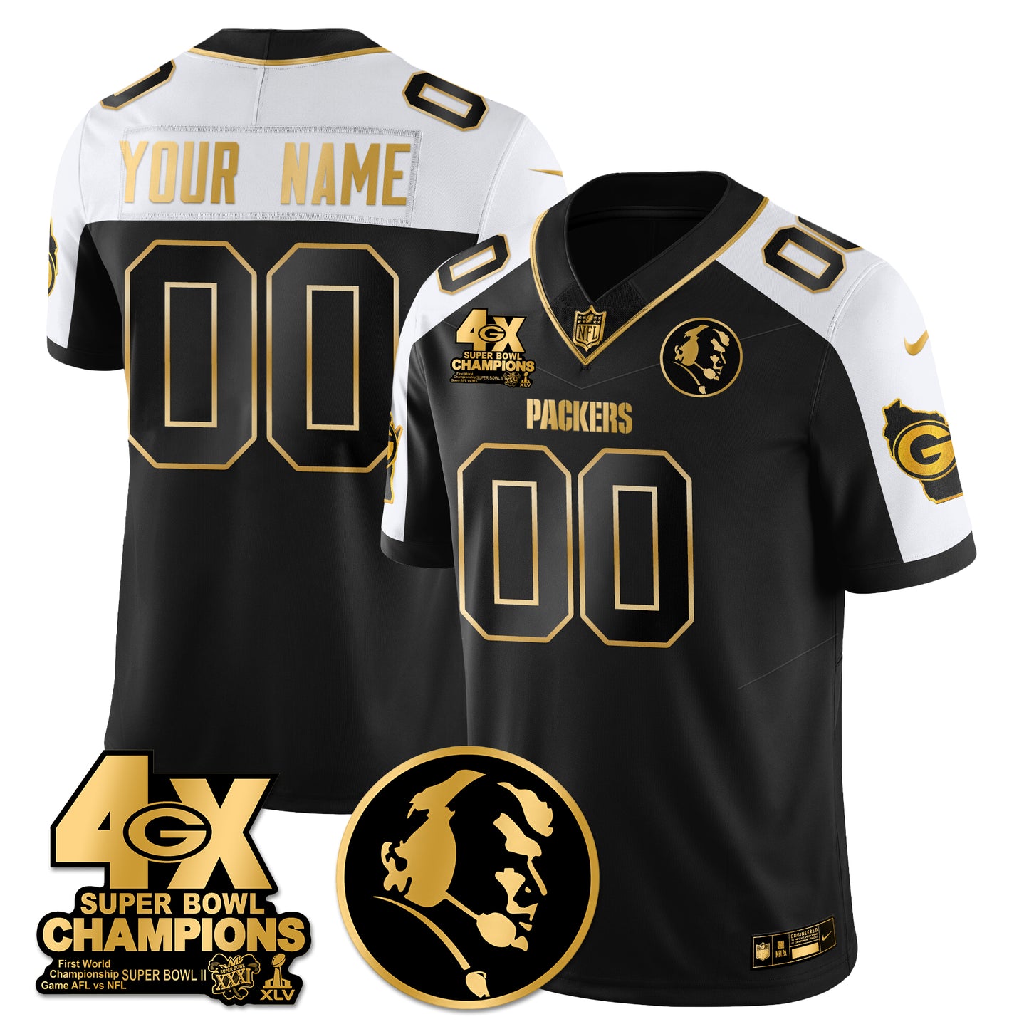 GB 4-Time Champions Vapor Limited Gold Custom Jersey - John Madden Patch - All Stitched