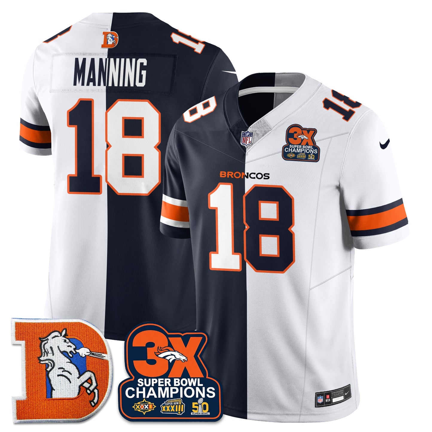 DEN 3-Time Champions Patch Throwback Vapor Limited Split Jersey - All Stitched