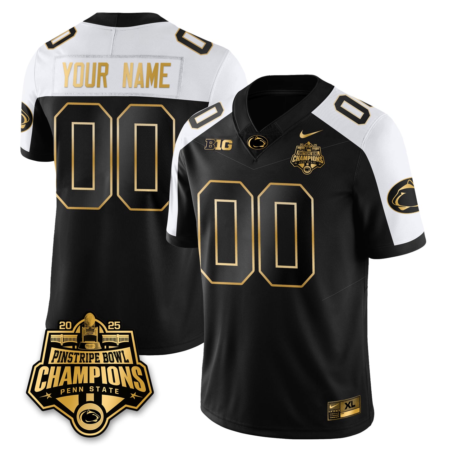 PSU Football 2025 Pinstripe Bowl Champions Gold Custom Jersey - All Stitched
