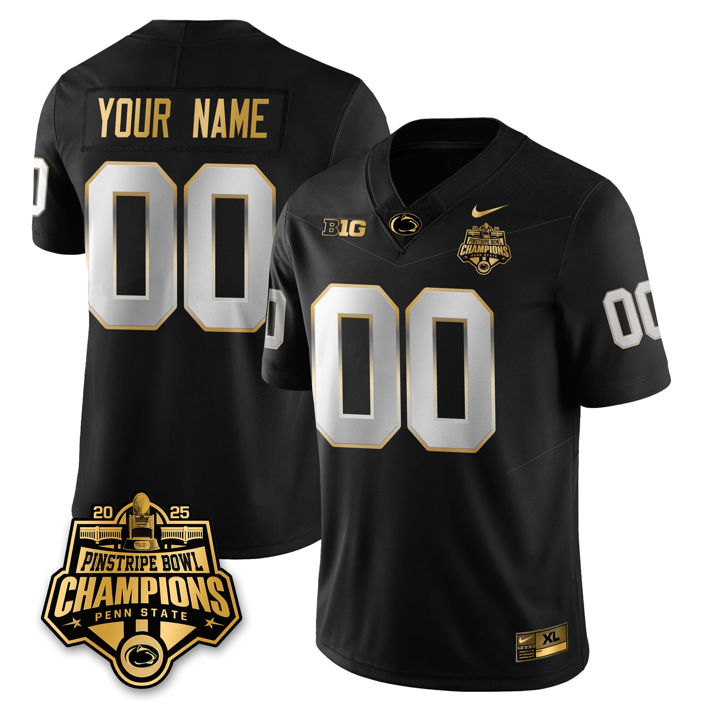 PSU Football 2025 Pinstripe Bowl Champions Gold Custom Jersey - All Stitched