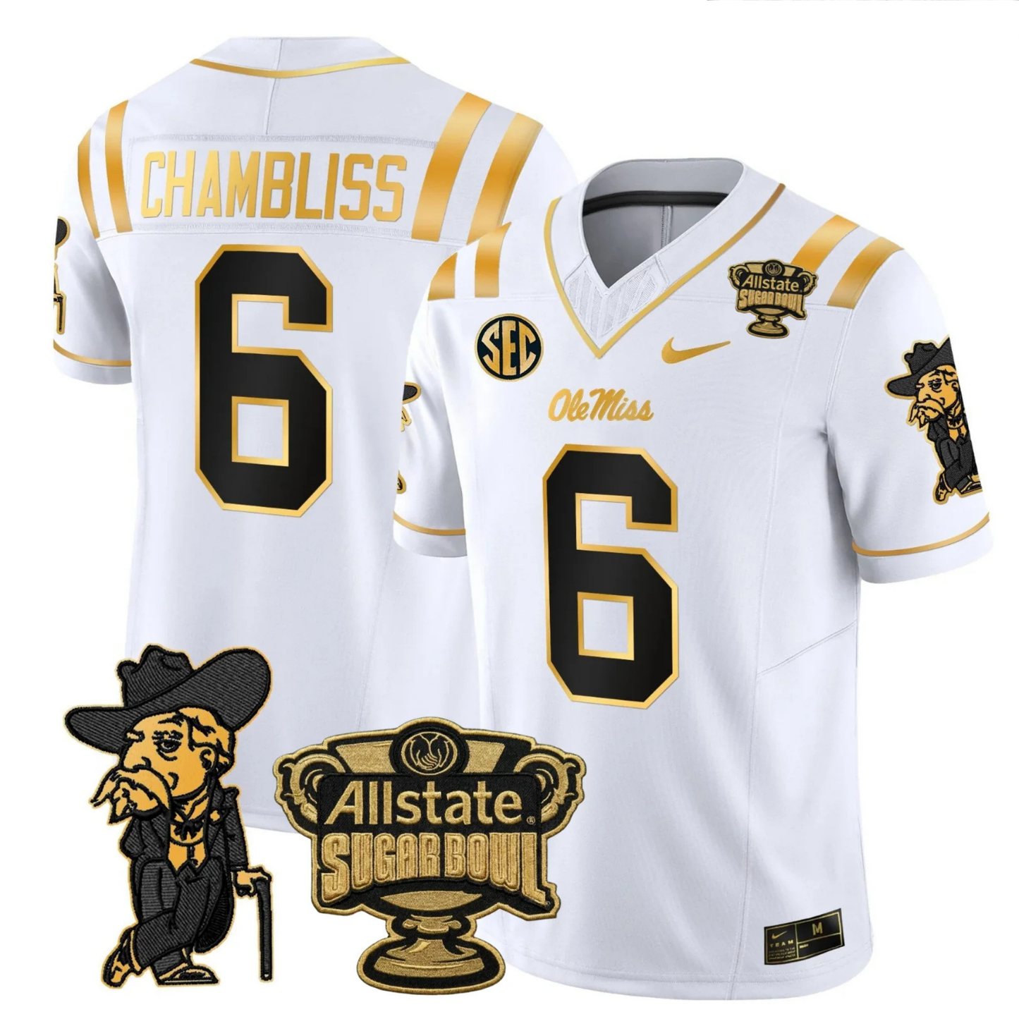 Ole Miss Rebels 2025 Gold Vapor Limited Jersey - Sugar Bowl Patch - All Stitched