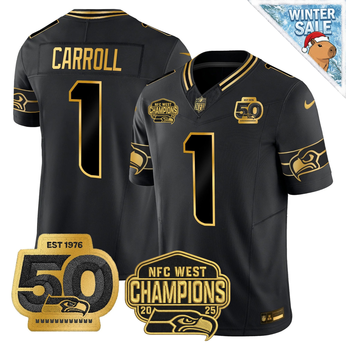 SEA 50th & NFC West Champions Patch Patch Gold Vapor Limited Jersey - Stitched