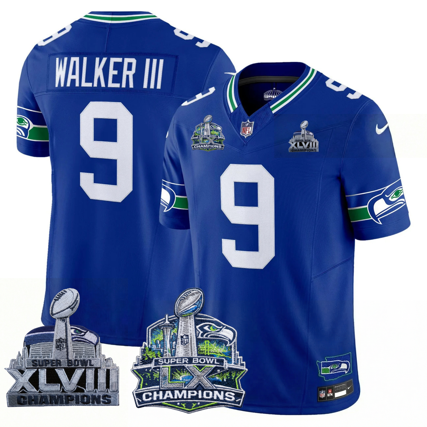 SEA 2x S.Bowl Champions Patch Vapor Limited Jersey - All Stitched