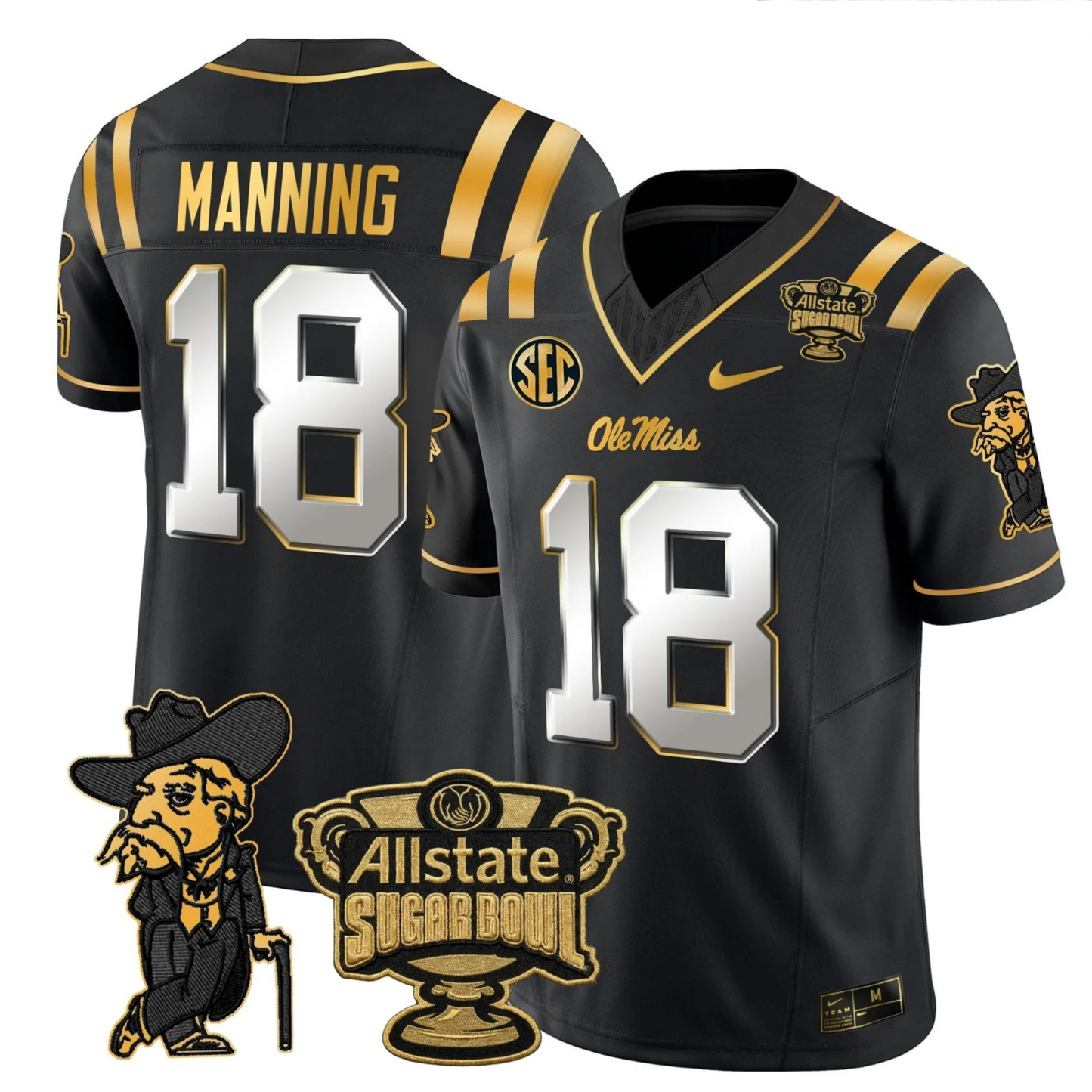 Ole Miss Rebels 2025 Gold Vapor Limited Jersey - Sugar Bowl Patch - All Stitched