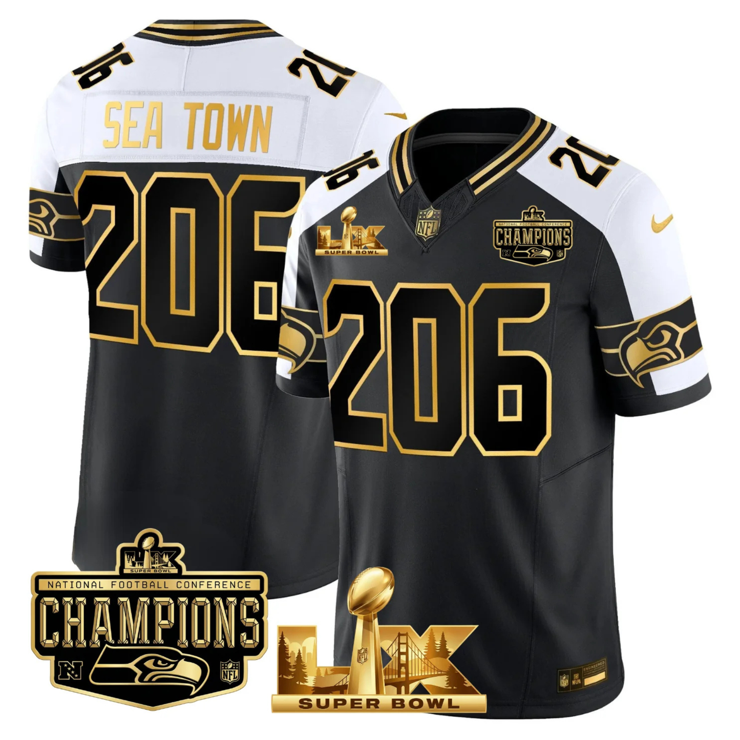 SEA NFC Champs & S.B LX Patch Gold Vapor Limited Jersey - All Stitched