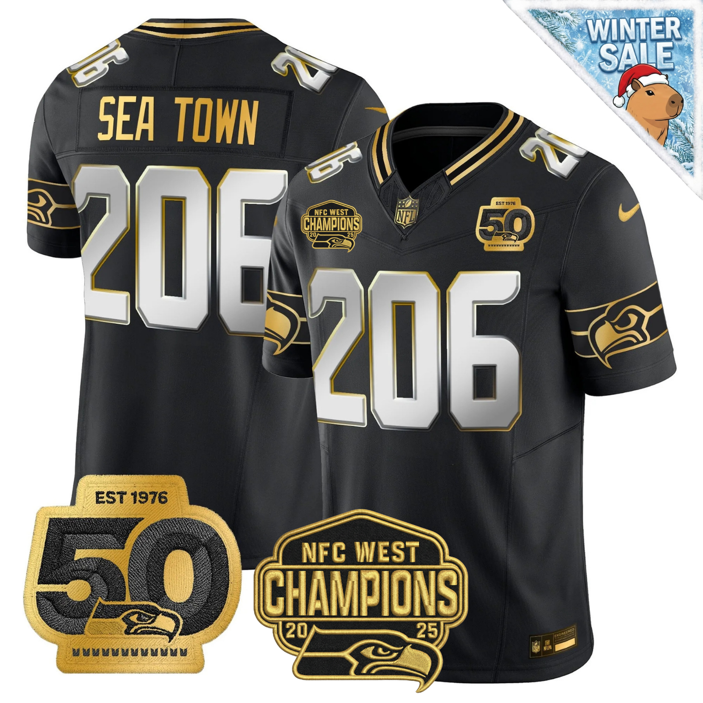 SEA 50th & NFC West Champions Patch Patch Gold Vapor Limited Jersey - Stitched