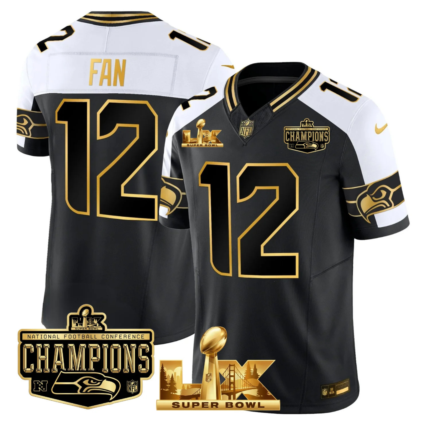 SEA NFC Champs & S.B LX Patch Gold Vapor Limited Jersey - All Stitched