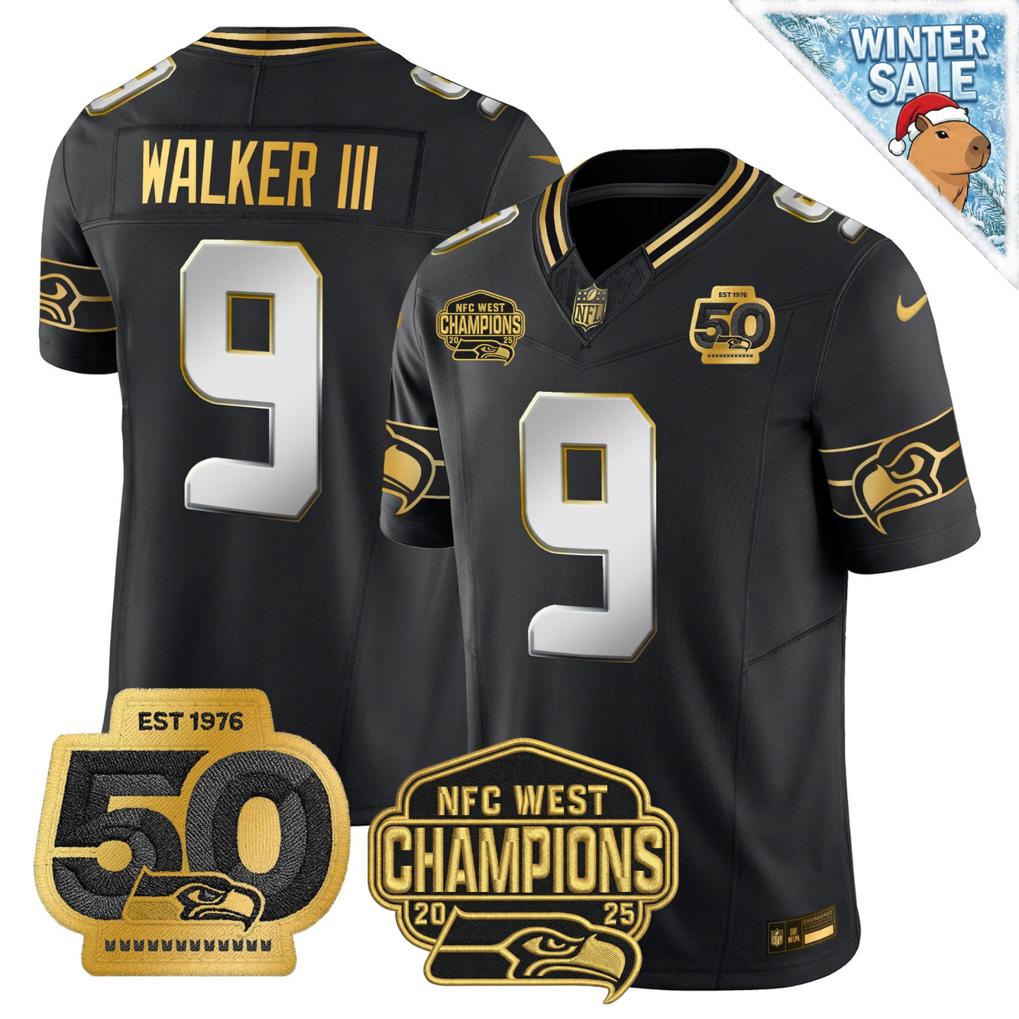 SEA 50th & NFC West Champions Patch Patch Gold Vapor Limited Jersey - Stitched