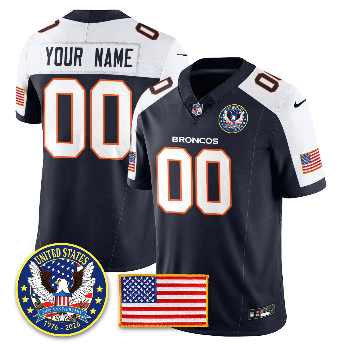 DEN Throwback "United States 250th Anniversary Patch" Vapor Limited Custom Jersey - All Stitched