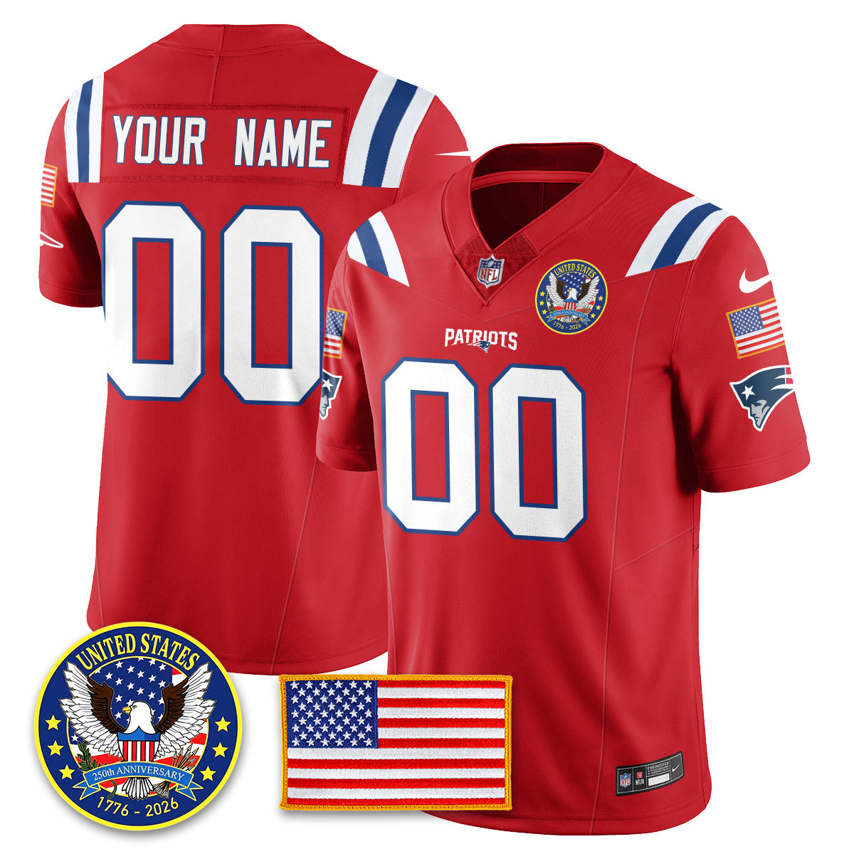 Custom NE "United States 250th Anniversary Patch" Vapor Limited Jersey - All Stitched
