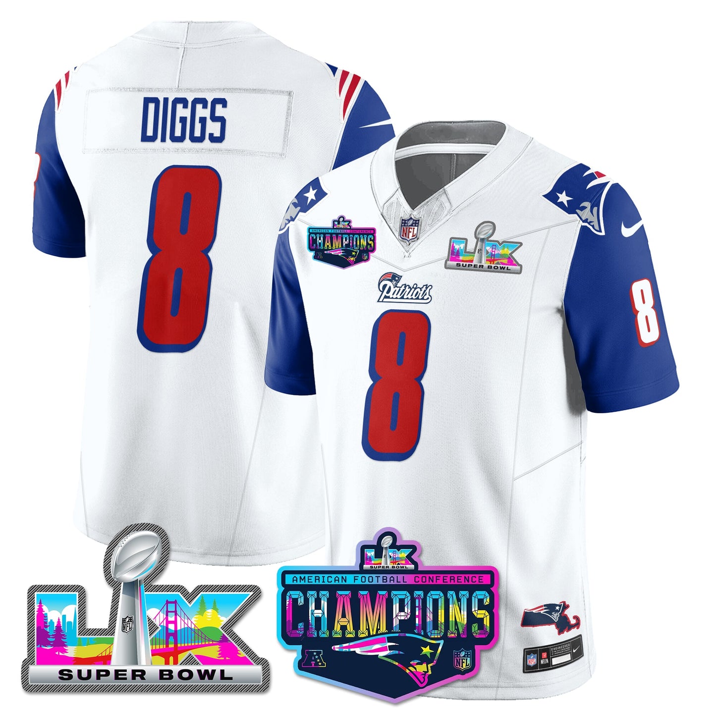 NE 1996 Throwback Limited Vapor Jersey - 2025 AFC Champions Limited Patch - All Stitched