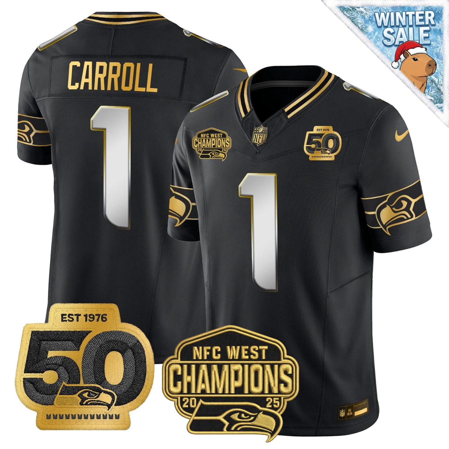 SEA 50th & NFC West Champions Patch Patch Gold Vapor Limited Jersey - Stitched