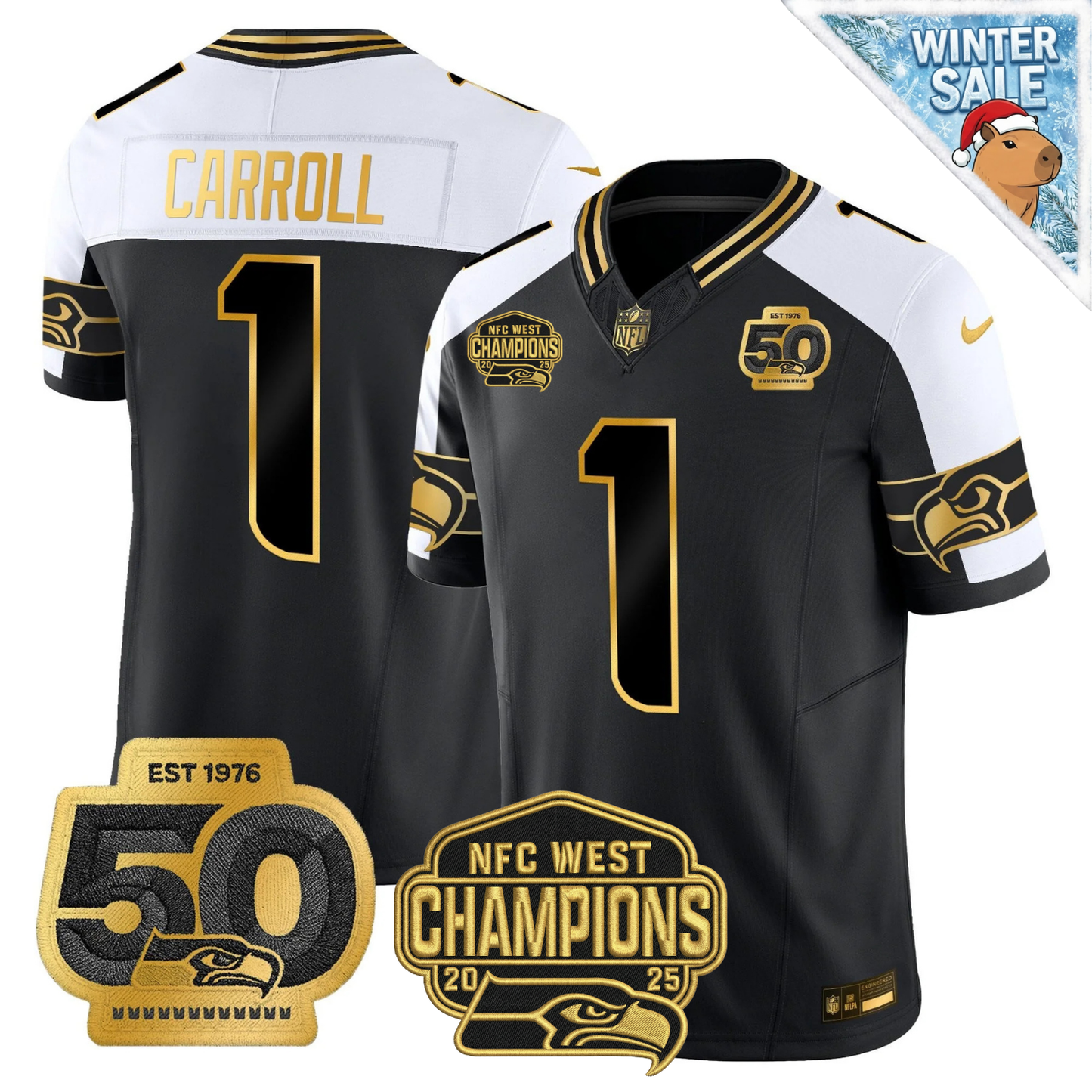 SEA 50th & NFC West Champions Patch Patch Gold Vapor Limited Jersey - Stitched